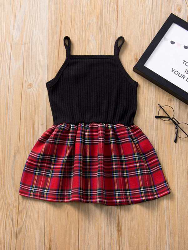 Toddler Girls Bow Rib Knit Tartan Combo Cami Dress SHE