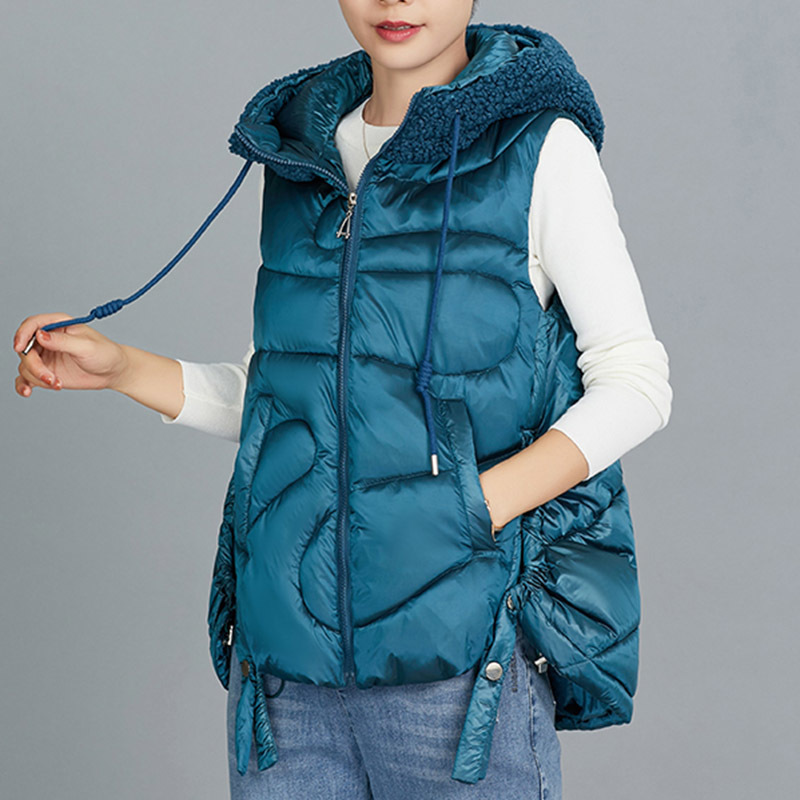 Women hooded vest jacket Autumn Winter casual padded warm Lamb wool hat solid sleeveless waistcoat jacket 201211