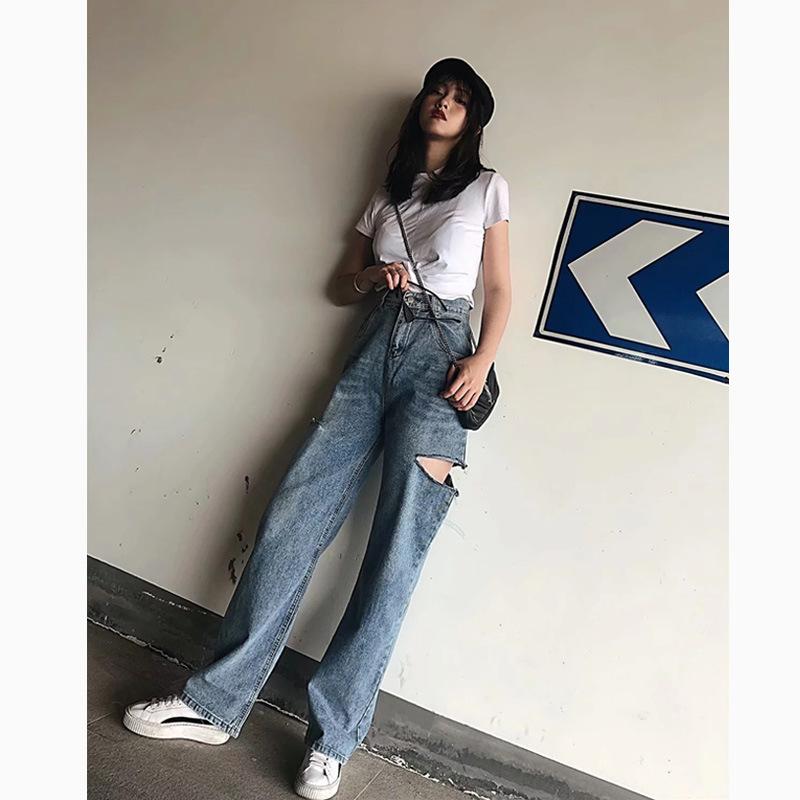 

Zoulv Straight-leg Pants, High-waisted Thin, Wide-legged, Washed, Worn-out Jeans, Women' Ripped Holes, Loose Cut Trend Trousers, Cowboy blue