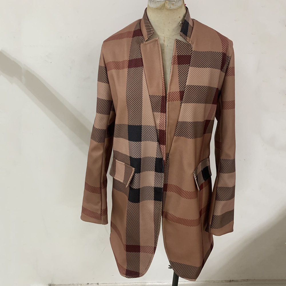 Autumn And Winter Women's New Long-sleeved Lapel Coat Printed Woolen Coat Fashion Striped Plaid Slim Coats Oversized 201218