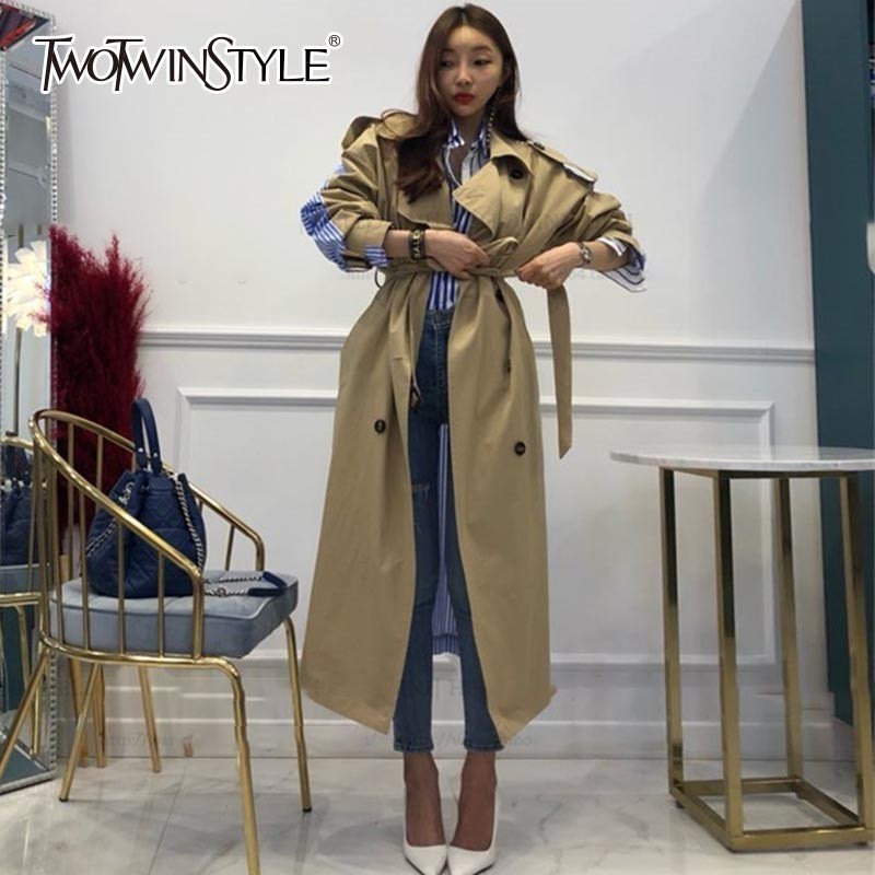 GALCAUR Striped Patchwork Windbreaker For Women Long Sleeve Lace Up Trench Coat Female Korean Fashion Autumn Oversized 201211