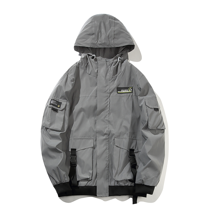 Men Night reflective gray Hooded Windbreaker Jacket male Streetwear Multi-pocket Ribbon Loose Casual Jackets Coats 201127