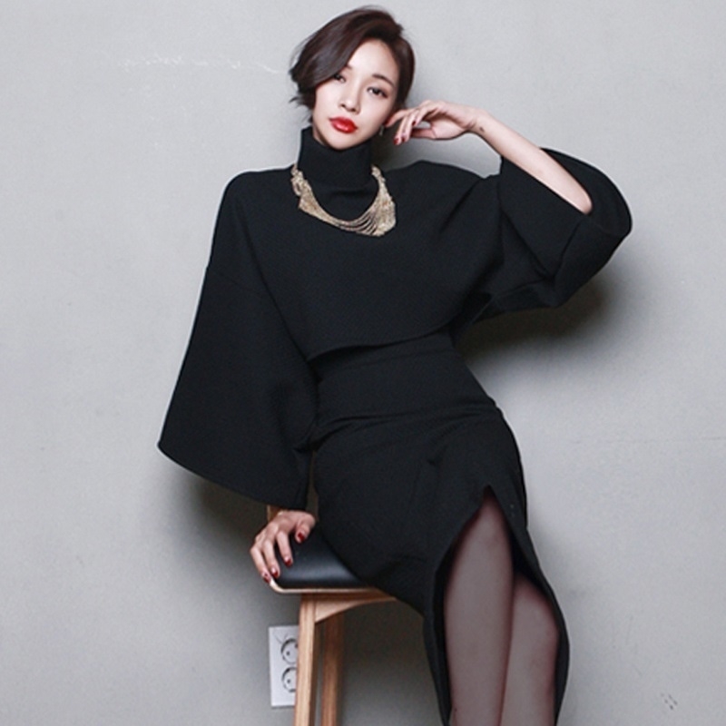 Winter Batwing Sleeve High Waist Wool Women 2 Piece Skirt Sets Open Split Pullover Women Dress Suit Two Piece Set T200325