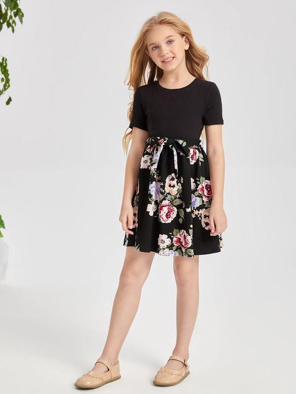 Girls Floral Print Belted 2 In 1 Dress SHE