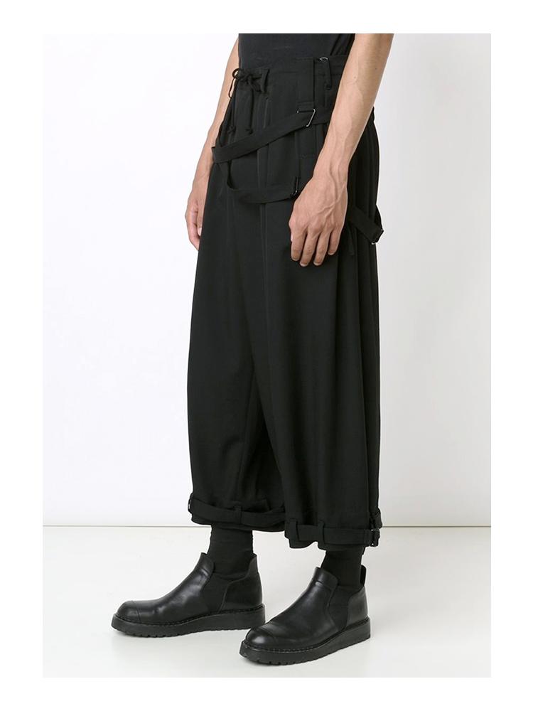 Men's Black Yamamoto Wind YOHJI Strapped Nine-Point Trousers - Adjustable, Loose Fit, Casual Autumn Winter