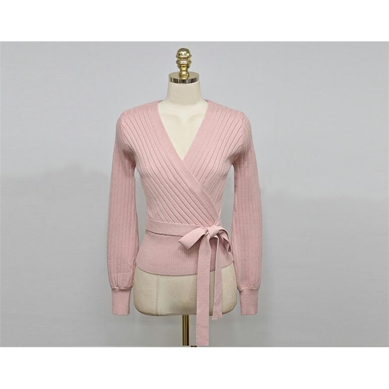 Elegant Pink V Neck Lantern Sleeve Lacing up Wrap Sweater Women Spring Fall Black OL Cardigan Knitted Jumper Ladies Tops 201120
