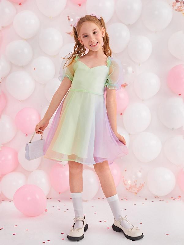 Girls 1pc Colorblock Puff Sleeve Mesh Overlay Dress SHE