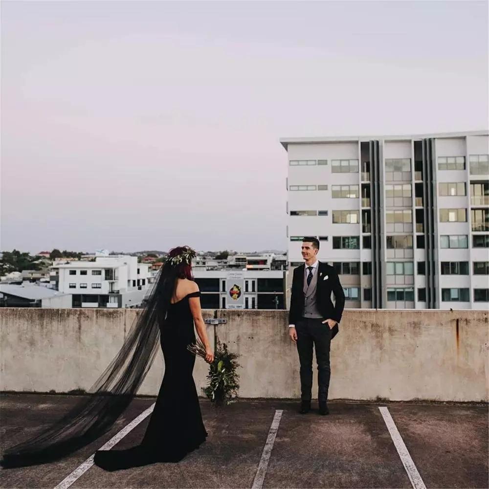 Black Gothic Dresses Mermaid Elegant Off The Shoulder Sweep Train Custom Made Wedding Bridal Gown Vestido De Novia
