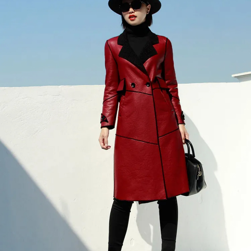 Women Long Winter Leather Fur Coats Female PU Leather Fleece Jacket 201020