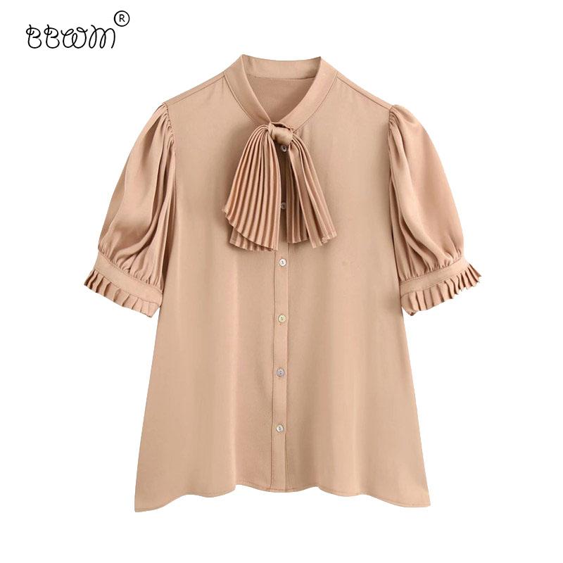 2020 Women Fashion Pleated Bow Buttons Satin Blouses Vintage Ruched Puff Sleeve Shirts Female Chic Tops, As picture
2020 Women Fashion Pleated Bow Buttons Satin Blouses Vintage Ruched Puff Sleeve Shirts Female Chic Tops, As picture