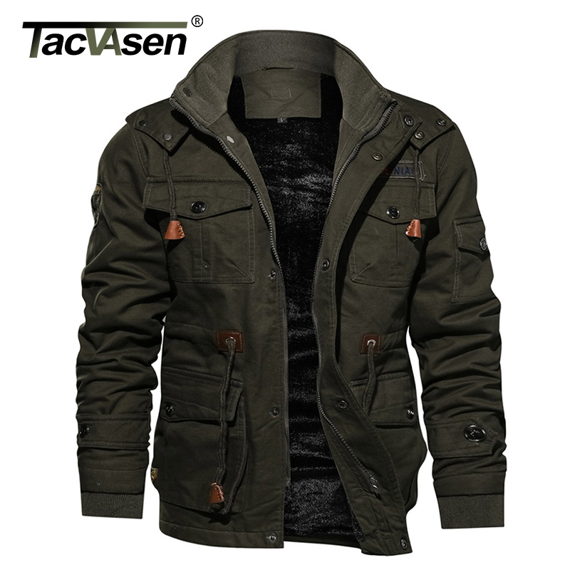TACVASEN Military Thicken Fleece Jacket Mens Winter Casual Hooded Jacket Coat Pilot Cargo Cotton Jackets Windbreaker Parka Man 201218