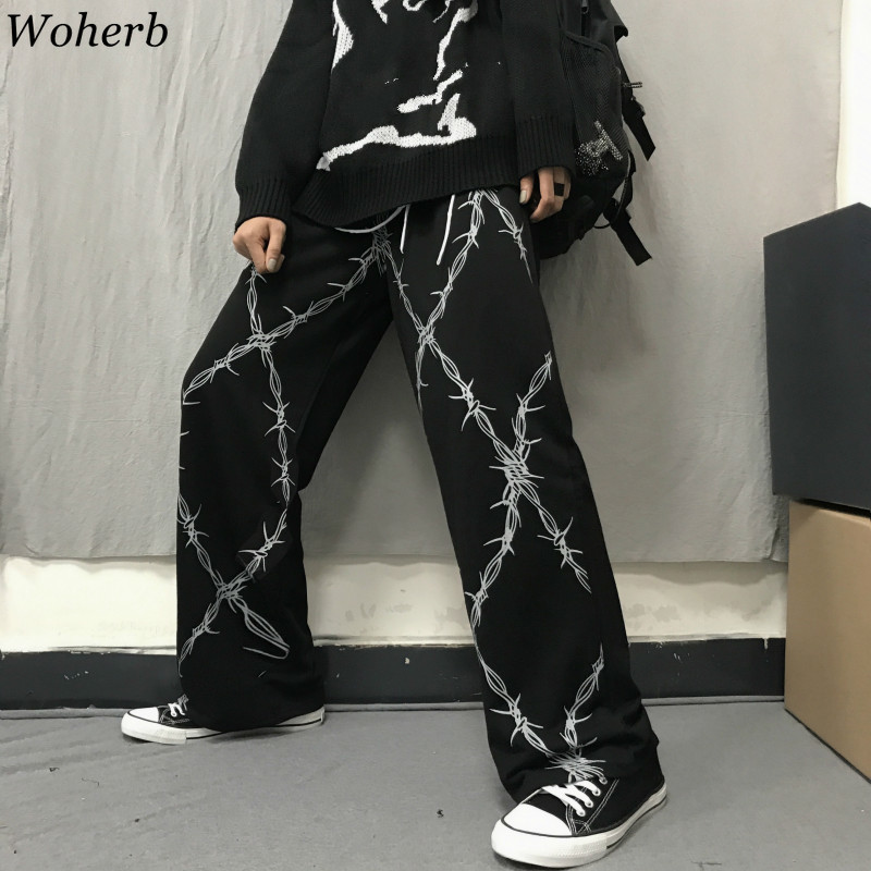 Woherb Harajuku Vintage Women Pants Print High Waist Straight Wide Leg Trousers Casual Loose Korean Fashion New Streetwear 91089 201113