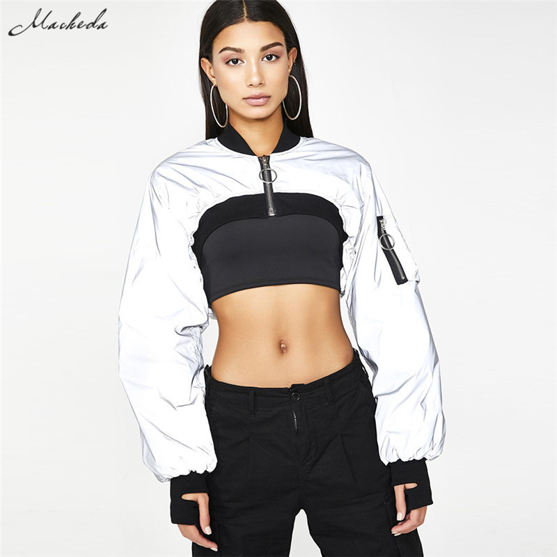 Macheda Women Short Coat Long Sleeve Zipper Bomber Jackets Gray Reflective Coat 2018 New Sale Female Casual Cropped Top T200111