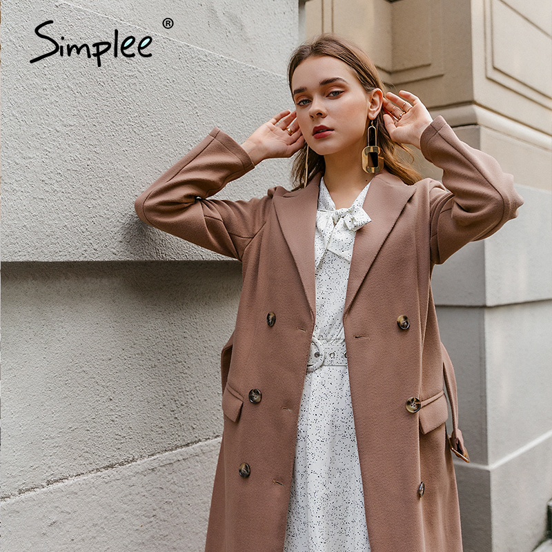 Simplee Straight double-breasted camel colour outwear Casual autumn winter long coat belt Elegant long woolen overcoat female 201216