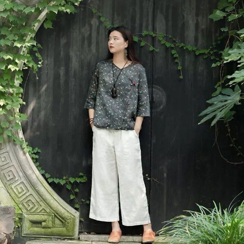 New Arrival Summer Style Women Pants Plus Size High Waist Loose Casual Wide Leg Pants Solid Cotton Linen Calf-length Pants D164 201109