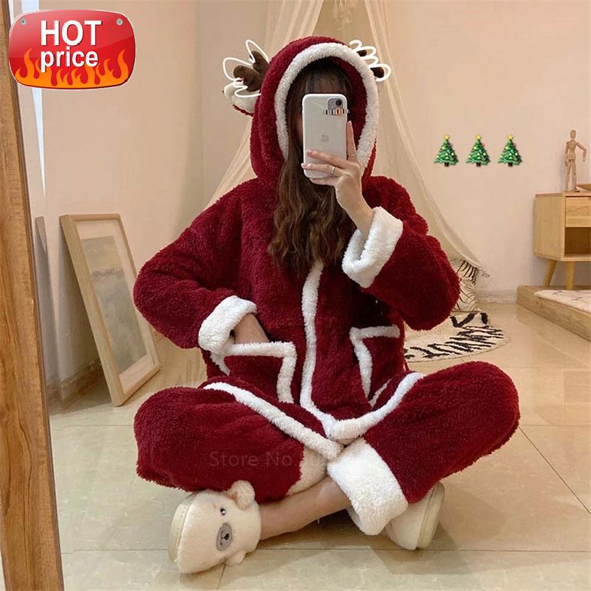 Kawaii Sleepwear Christmas Red Pajamas Pants Set Woman Loose Sleepwear Warm Coral Velvet Pocket Thick Pajamas Home Suit Winter #L53H, Black;white
Kawaii Sleepwear Christmas Red Pajamas Pants Set Woman Loose Sleepwear Warm Coral Velvet Pocket Thick Pajamas Home Suit Winter #L53H, Black;white