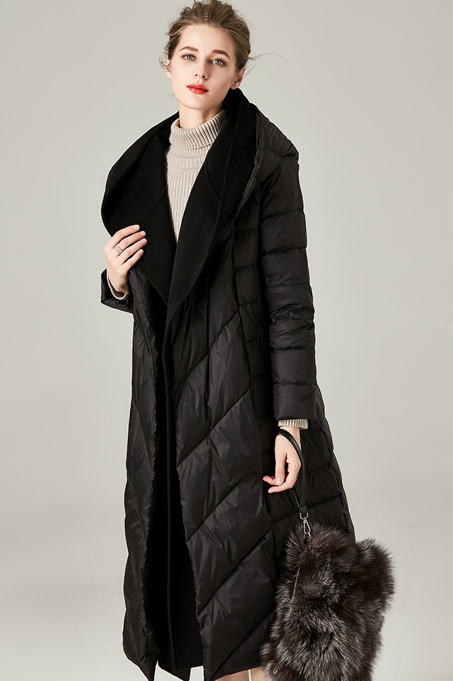 Obrix Female Duck Down Filler Warm Jacket Hooded Knee Length Cashmere Full Sleeve Coat Belt Winter Parka For Women 201017