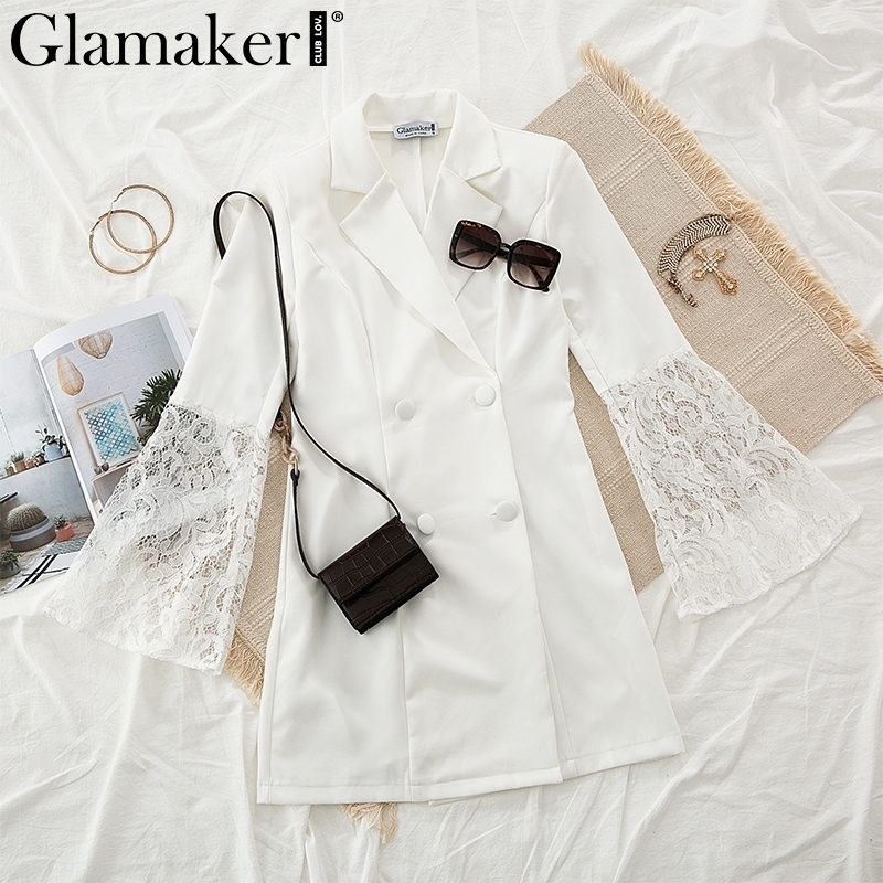 Glamaker Sexy lace patchwork blazer dress women Retro flare sleeve white dress Club party autumn short dress elegant vestidos T200320
