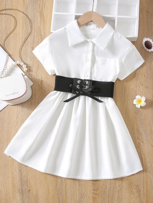 Toddler Girls Patched Pocket Grommet Lace Up Belted Shirt Dress SHE