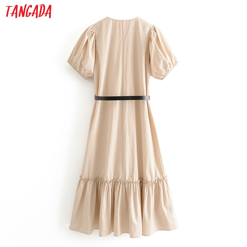 Tangada fashion women solid summer dress with belt new arrival short sleeve Ladies Loose midi Dress Vestidos 3H338 T200603