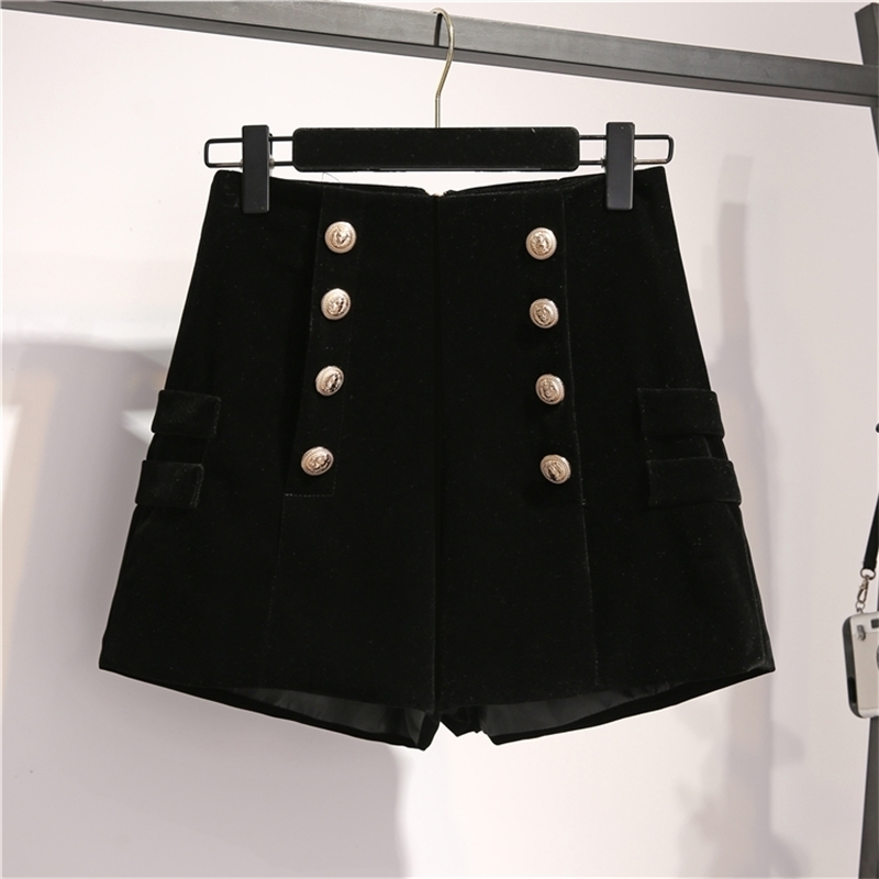 Autumn New Golden velvet Shorts Suits Ladies Two piece set Bow lace up collar Shirts and Double-breasted High waist Shorts Suits 201120