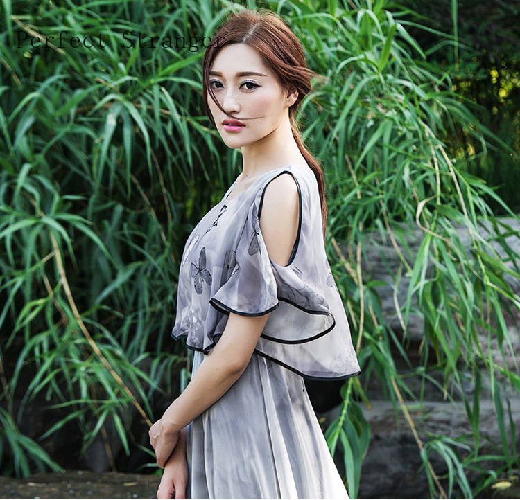 High Quality Summer New Arrival Elegant Round Collar off Shoulder Flower Printed Flare Sleeve Women Chiffon Long Dress T200603