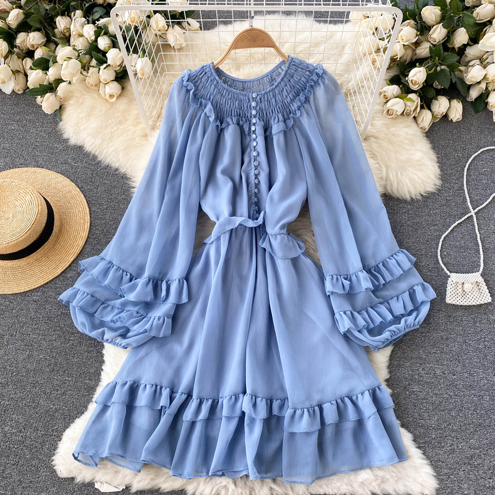 Spring Autumn Purple/Yellow/Blue Chiffon Dress Women Elegant O-Neck Draped Ruffle Vestidos Female Puff Long Sleeve A-Line Robe 2022