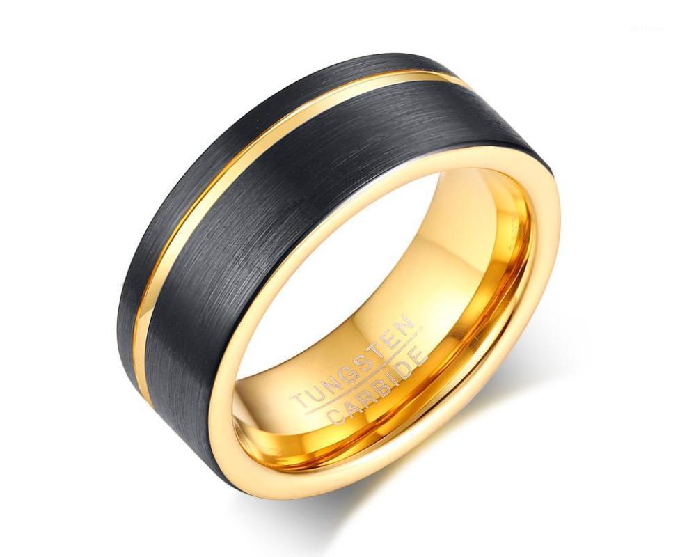 POYA Black Gold Plated Tungsten Ring 8mm Offset Thin Line Wedding Engagement Band Comfort Fit1