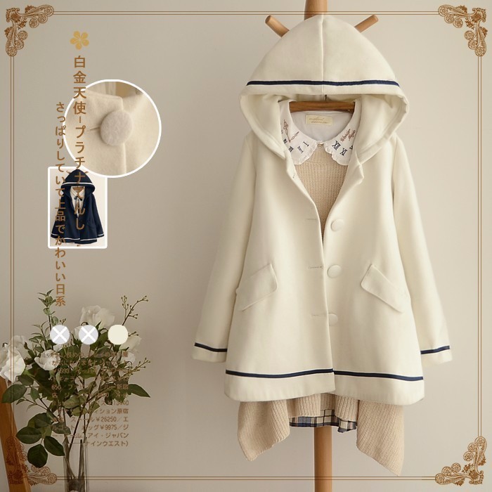 Merry Pretty Autumn Winter Women Jacket Preppy Style Mori Girl Solid Color Hooded Long Sleeve Blends Warm Coat Casual Outerwear 201017