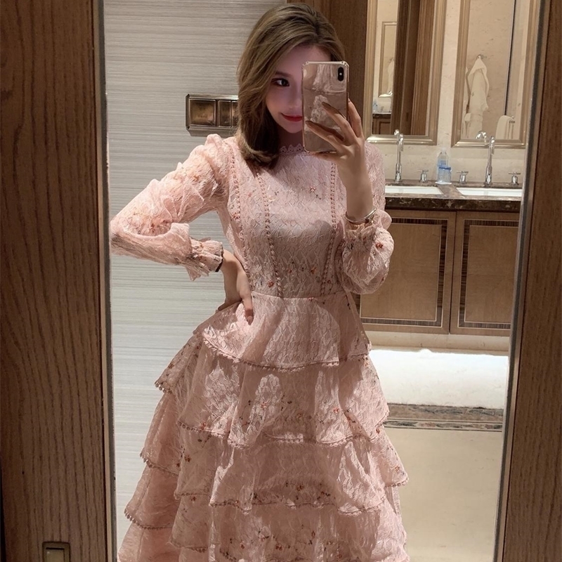 Pink Lace Embroidery Maxi Dress Female spring Winter Full sleeve high waist Ruffle elegant Long party dresses Woman 201006