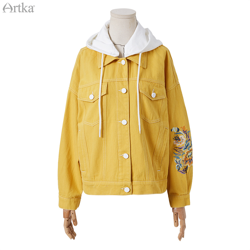 ARTKA Autumn New Women Denim Jacket Vintage Flower Embroidery Hooded Denim Coat Casual Loose Denim Jackets Women WN20001C 201112