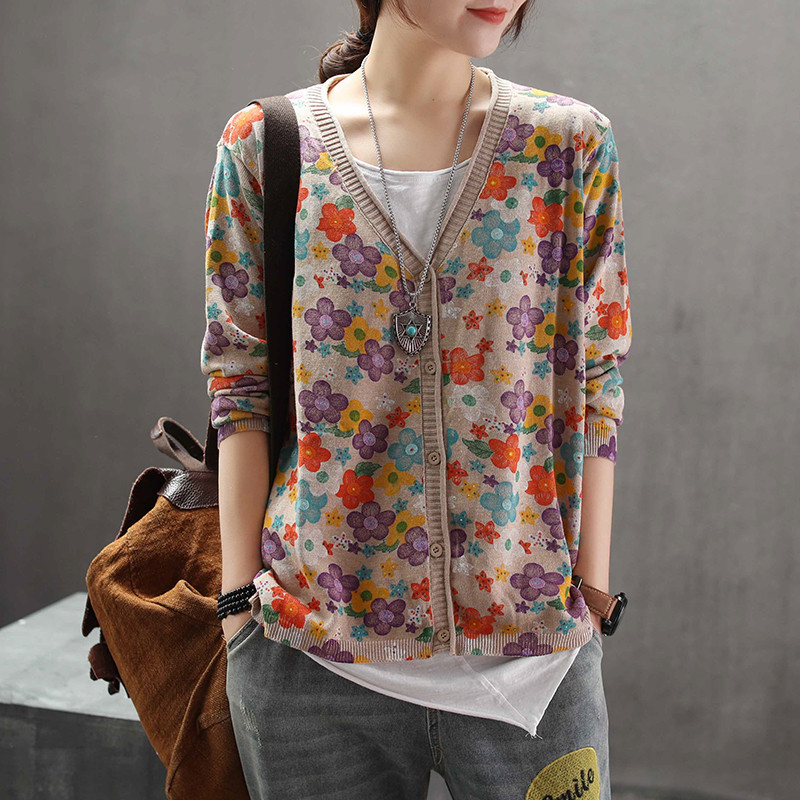 new spring sweater women's shirt long-sleeved cardigan single-breasted printed sweater retro art 201023