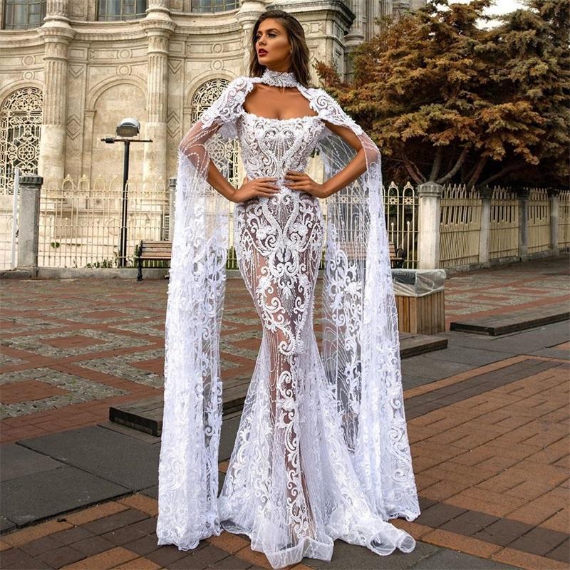 Elegant Lace Mermaid Wedding Dresses with Cape Shawl, High Neck, Full Appliqued Bridal Gowns 2024