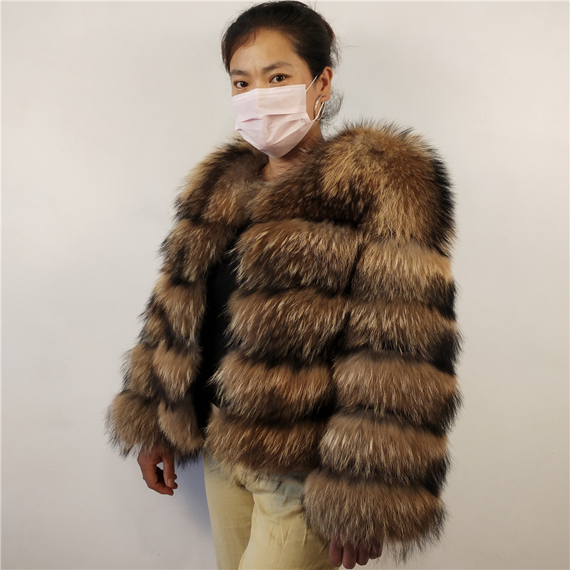 Real Natural Raccoon Fur Silver Short Coat Length 50cm Sleeve Long 55cm Winter Warm Women New B56 201016