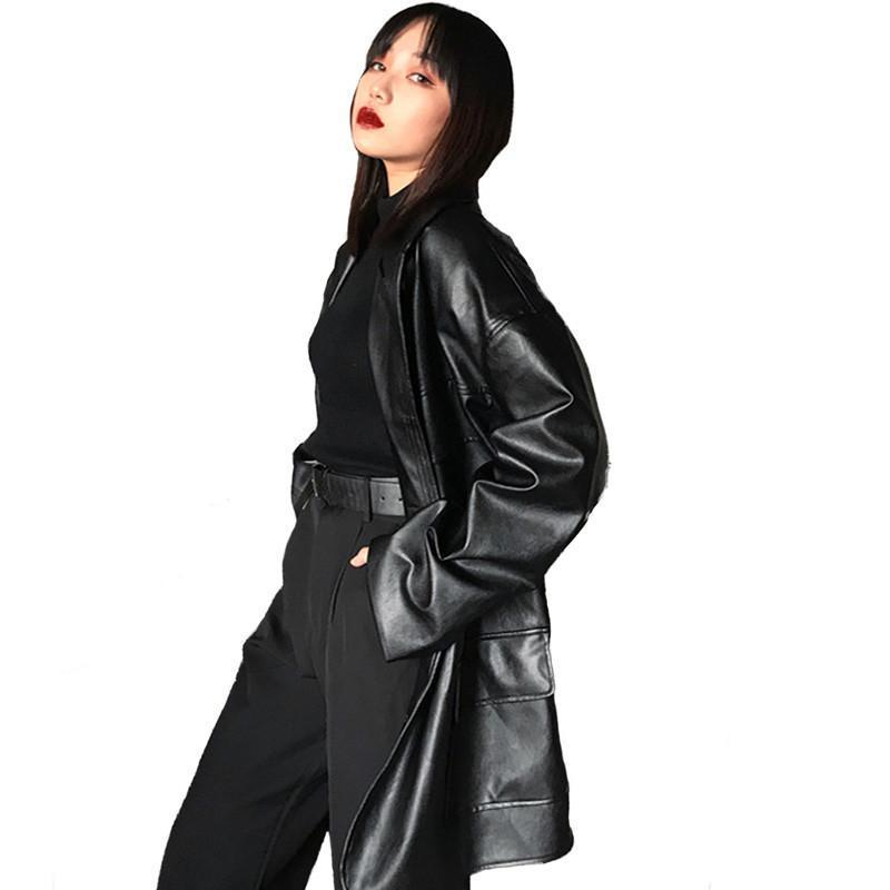 Women Spring Autumn Faux Leather Jackets Female Lapel Loose Casual Coats Vintage Wild Motorcycle PU Leather Outwear L01 201020