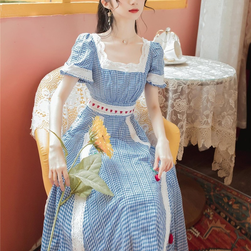 Girly Sweet Retro Korean Style Thin Line Stylish Summer Elegant Dress Chess for Woman 2021 4orh, Blue 
Girly Sweet Retro Korean Style Thin Line Stylish Summer Elegant Dress Chess for Woman 2021 4orh, Blue