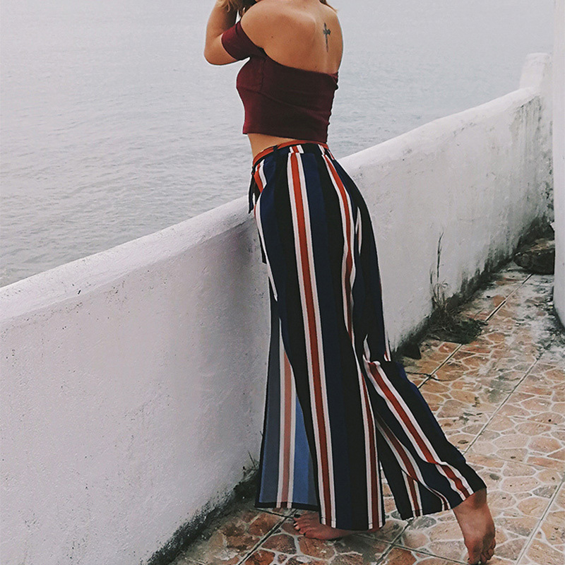 High Street Loose Striped Wide Leg Pants Holiday Full Length High Slit Chiffon Palazzo Pants Women LJ201130
