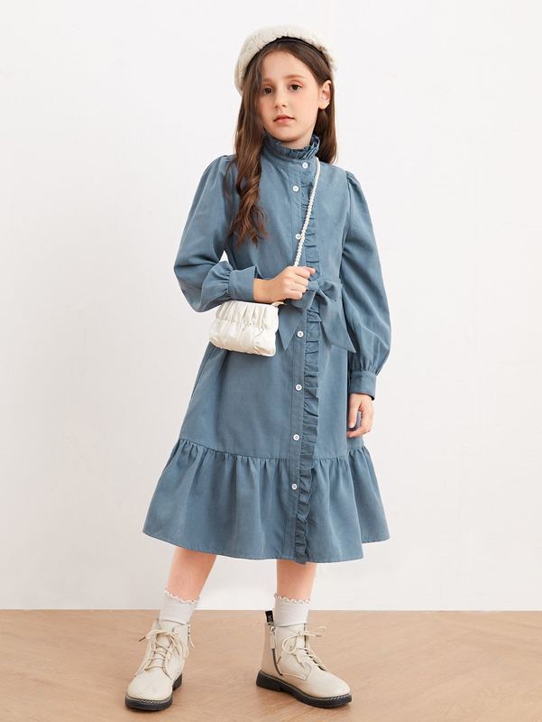 Girls Button Front Tie Front Ruffle Hem Dress SHE