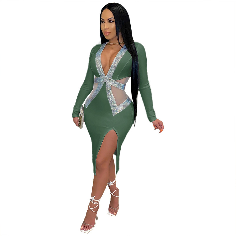 European and American Hot Foreign Trade Womens Clothing Deep V-neck Mesh Rhinestone Skinny Sheath Sexy Evening Dress Dress