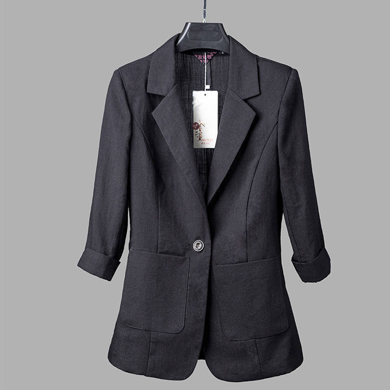 Aelegantmis Slim Fit Casual Work Office Business Blazers Women Fashion 3/4 Sleeve Summer Jacket Linen Cotton Blazers White 201201