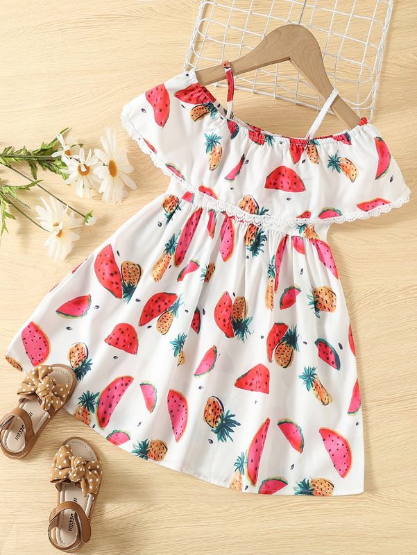 Toddler Girls Watermelon & Pineapple Print Guipure Lace Trim Cold Shoulder Dress SHE01