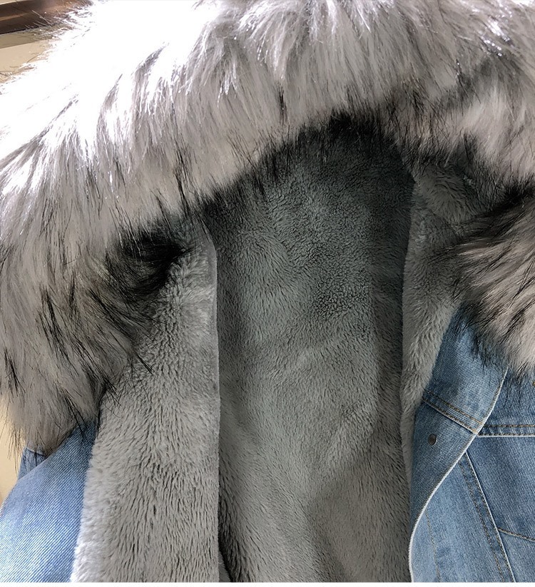 Gizmosy 2021 Thick Faux Fur Collar Denim Jacket Cotton-padded Jacket Women Winter Hooded Warm Jean Parkas Female Bomber Coat 201217