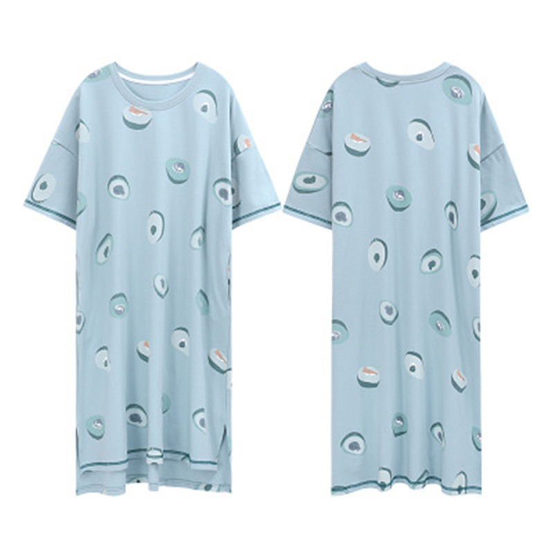 Summer Home Service Nightdress Female Cotton Shortsleeved Blue Fruit Printing Cute Cartoon Loose Nightdress For Women T200429
