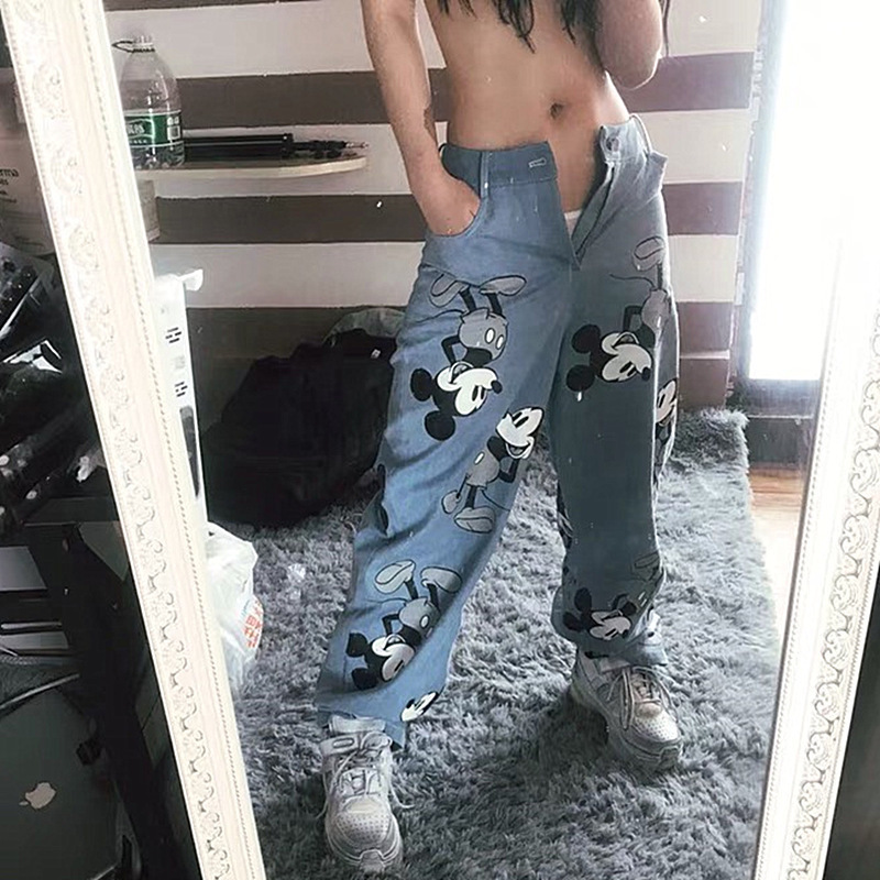 Cartoon Print Vintage Loose Boyfriend Jeans With High Waist Wide Leg Jeans For Women Female Mom Long Baggy Straight Denim Jeans 201109