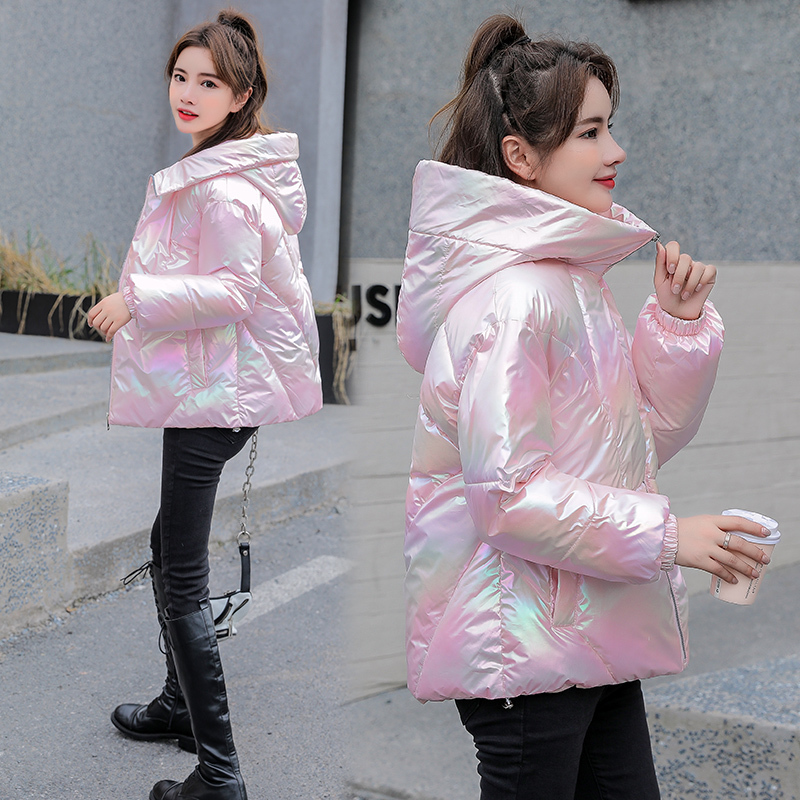 Women Winter Jacket Coats Hooded Tie dye Shiny Fabric Parkas Thick Warm Down Cotton jackets Zipper Padded Pocket Cold Outwear 201217