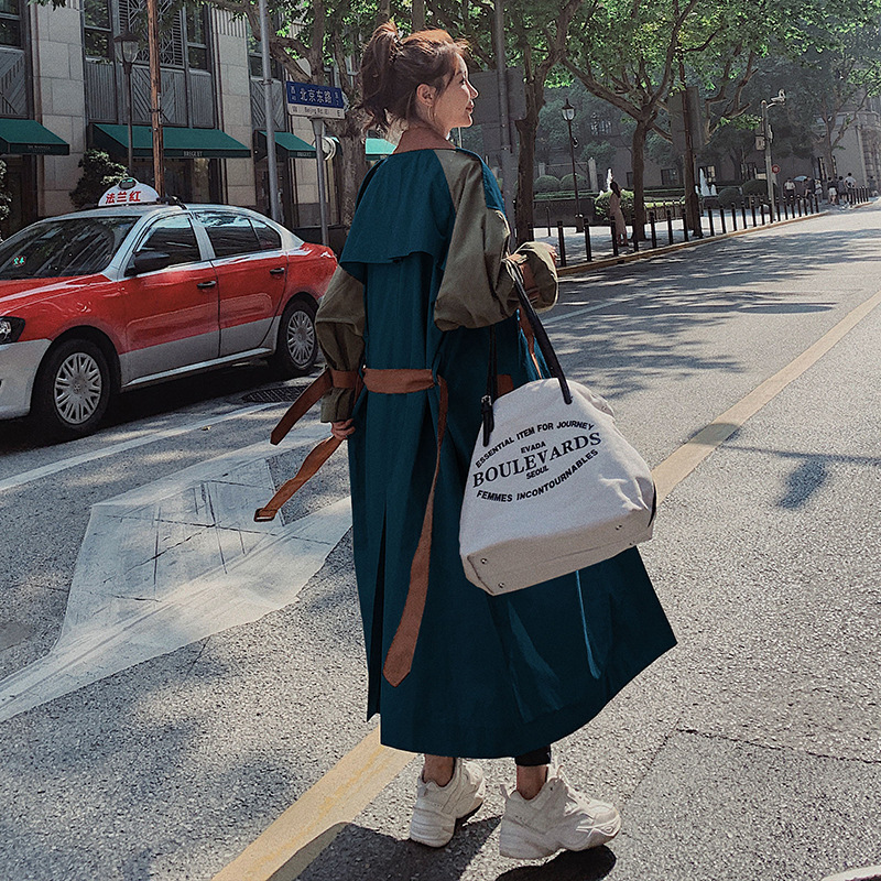 [DEAT] New Autumn Fashion Women Trench Coat Hit Color Patchwork Full Sleeve Lapel Collar Casual Loose Wild With Belt TX881 201102