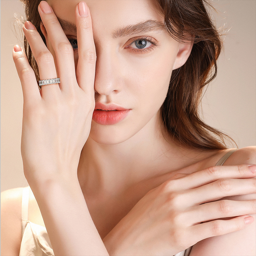 Eternity Emerald Cut Lab Diamond Ring 925 Sterling Silver Engagement Wedding Rings For Women Jewelry Gift