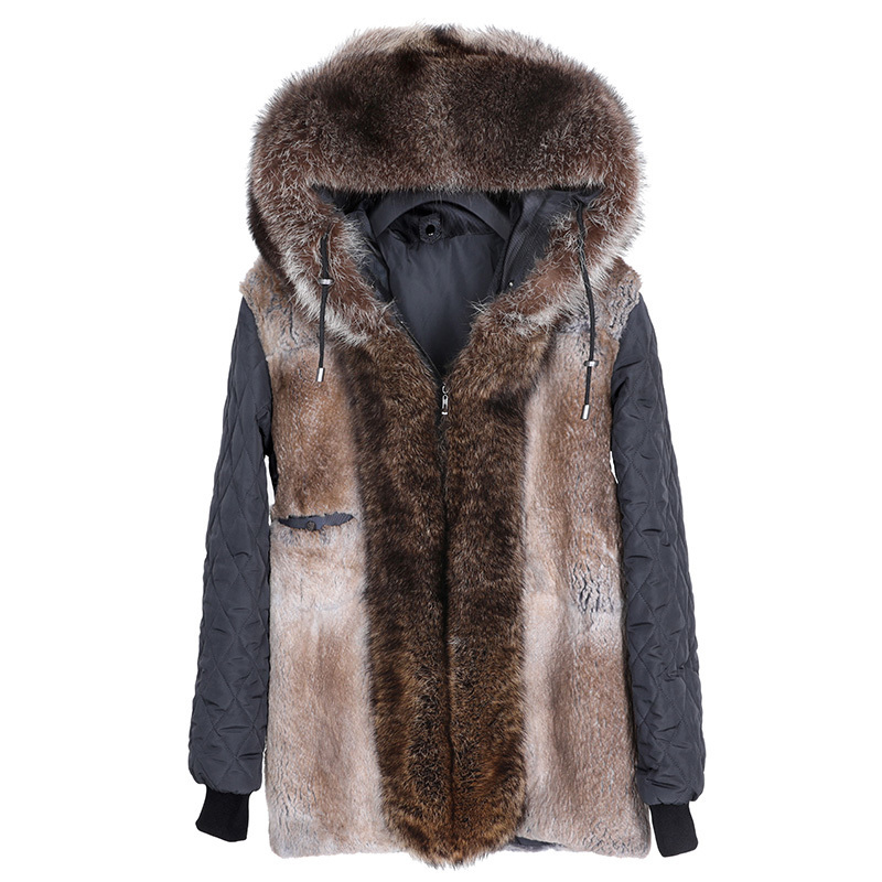Mid-length parka with detachable rabbit lining winter warmer collar thick fur coat DHL 201201