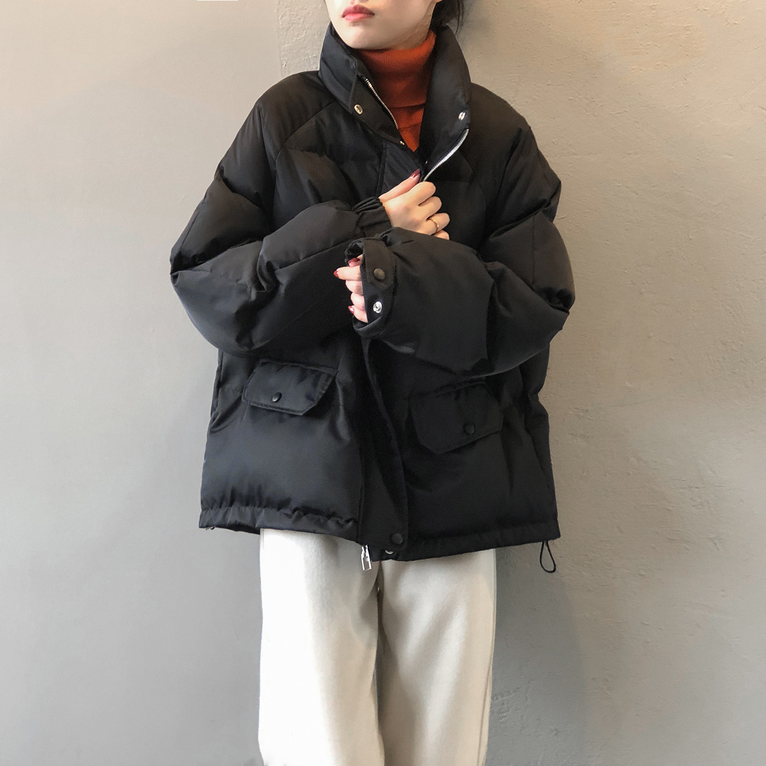 Winter New Stand Collar Bread Down Cotton Padded Coat Women's Loose Thickened Crop Puffer Jacket Female 80019 201019