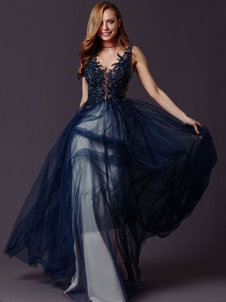 Elegant Navy Blue Prom Dresses With Pearl Lace V Neck Spaghetti Strap Backless Tulle Formal Party Gown Evening Dress Custom Made Vestidos De Fiesta ro